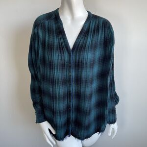 Free People Come On Over Oversized Plaid Flannel Shirt XS A-Line Fringe Boho